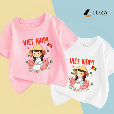 Áo thun bé gái in hình cô gái mặc áo dài Việt Nam 15-40kg - Áo phông trẻ em Loza Kids- Mã AT3175