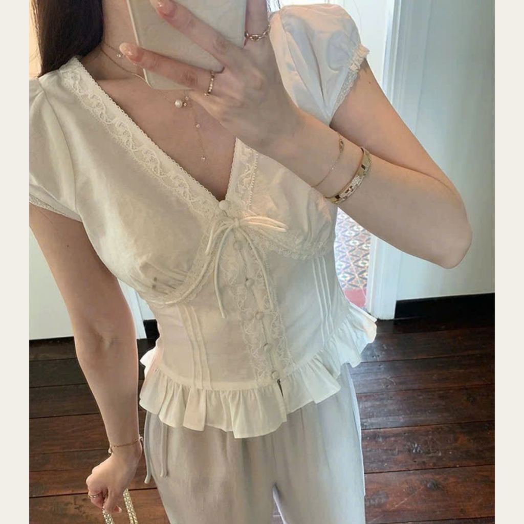 Áo Sơ Mi Đũi Cổ Tim Phối Ren Có Nơ Dáng Babydoll, Áo Sơ Mi Nữ Kiểu Xinh Style Hàn Quốc M119 | BigBuy360 - bigbuy360.vn