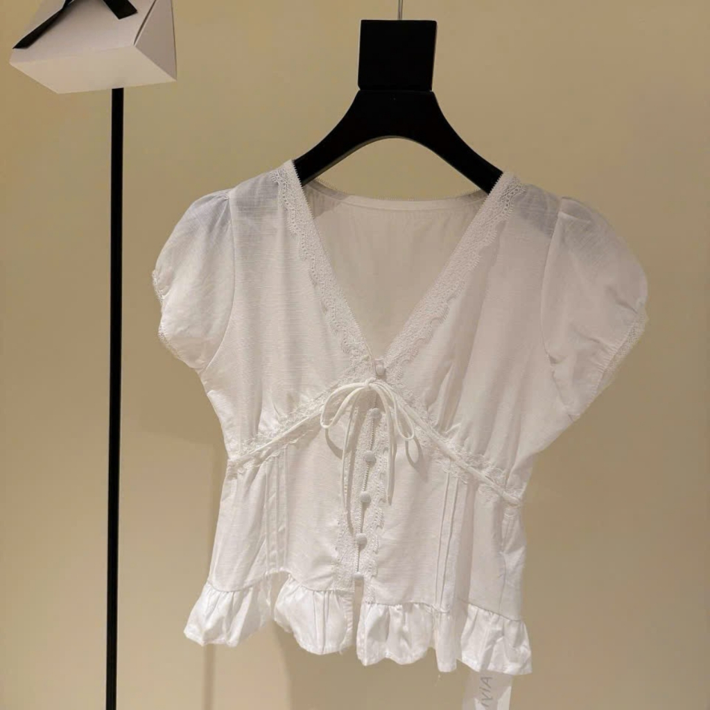 Áo Sơ Mi Đũi Cổ Tim Phối Ren Có Nơ Dáng Babydoll, Áo Sơ Mi Nữ Kiểu Xinh Style Hàn Quốc M119 | BigBuy360 - bigbuy360.vn