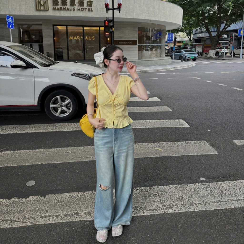 Áo Sơ Mi Đũi Cổ Tim Phối Ren Có Nơ Dáng Babydoll, Áo Sơ Mi Nữ Kiểu Xinh Style Hàn Quốc M119 | BigBuy360 - bigbuy360.vn