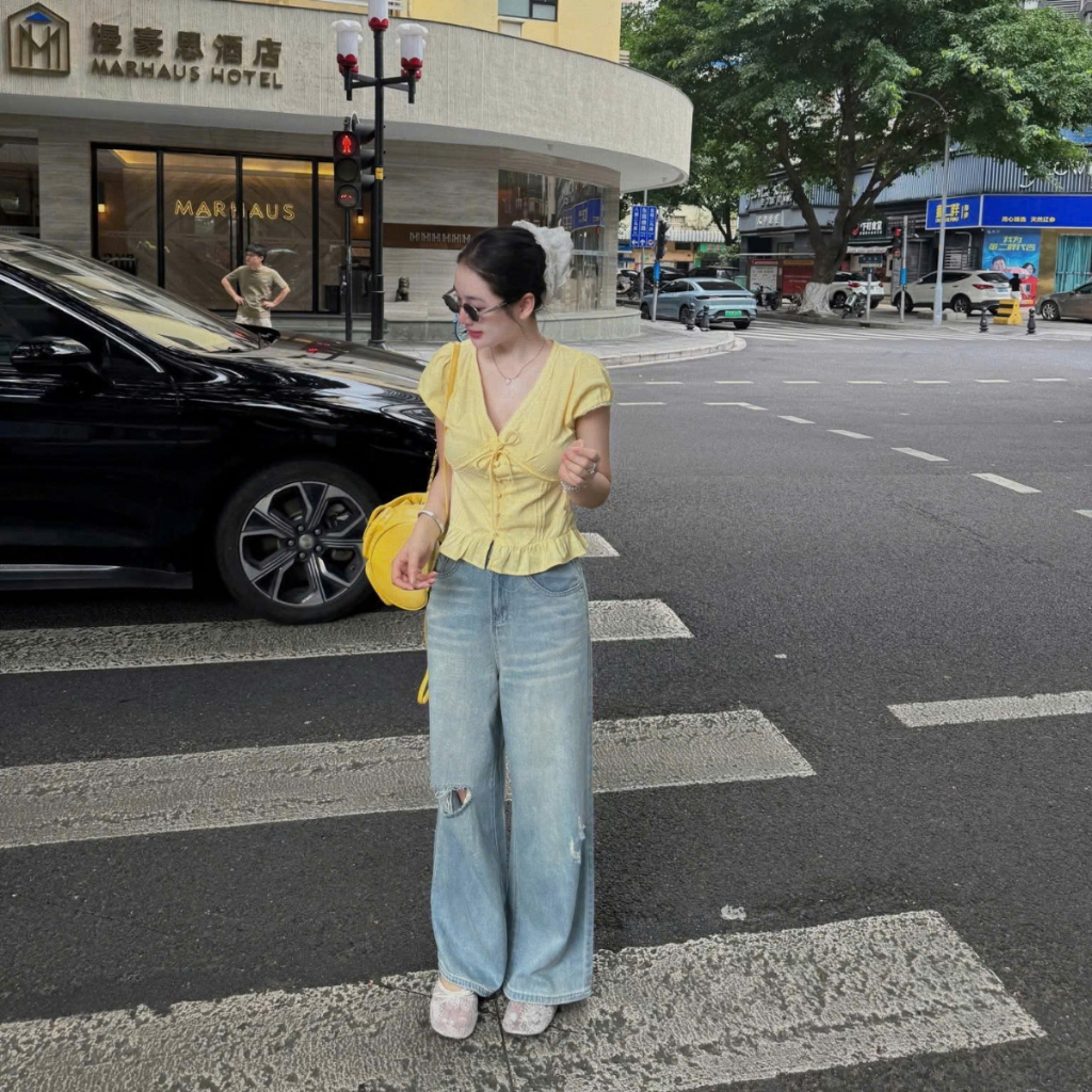 Áo Sơ Mi Đũi Cổ Tim Phối Ren Có Nơ Dáng Babydoll, Áo Sơ Mi Nữ Kiểu Xinh Style Hàn Quốc M119 | BigBuy360 - bigbuy360.vn