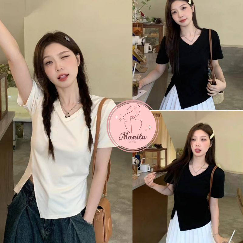 Áo thun nữ xẻ tà sườn - Áo  nữ dáng ôm body tay ngắn chất thun cotton mềm mại trẻ trung phong cách -MA214 MANILA
