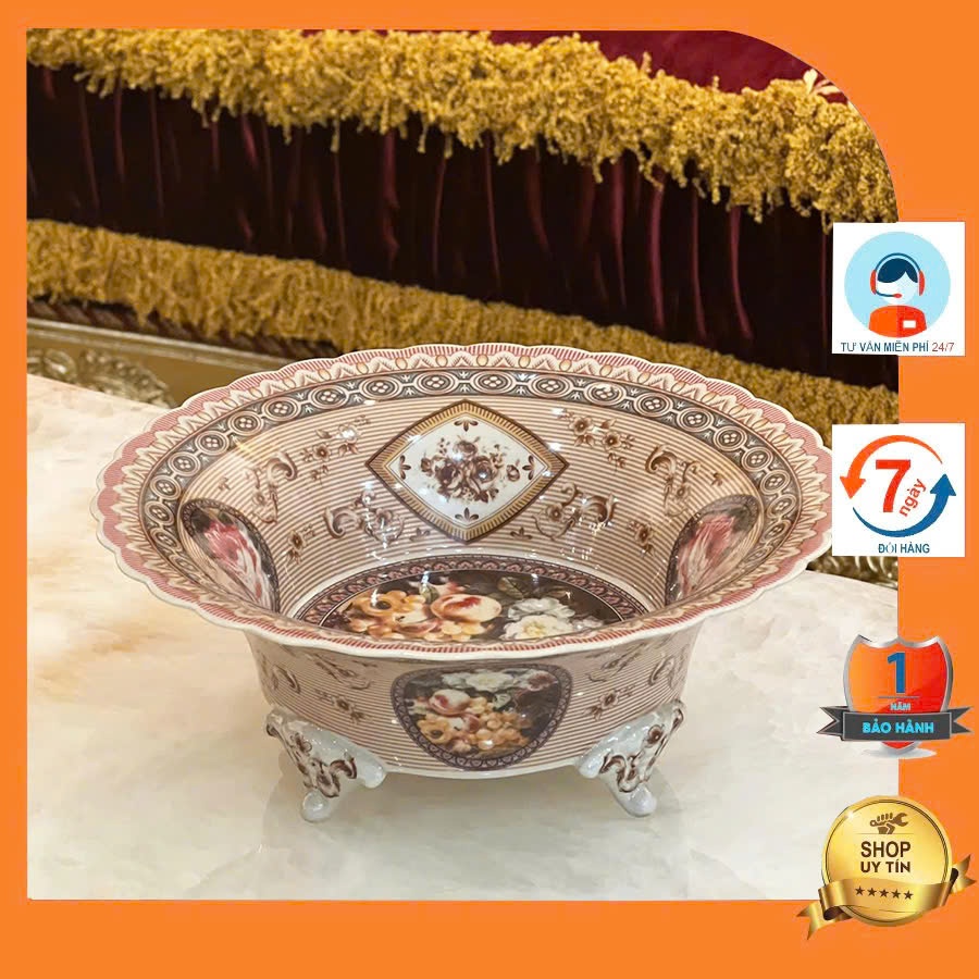 Đĩa quả chân cao miệng tròn chất liệu sứ cao cấp hoa văn cổ điển sang trọng CB43-DQ2
