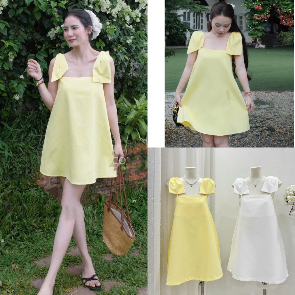 [Hàng Shop]: Váy Babydoll 2 Màu Dáng Ngắn May Nơ Vai Chất Thô Ép Mùng Cứng Cáp Đứng Form (Ảnh Thật T