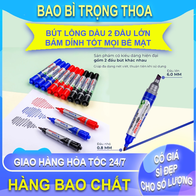 Bút lông dầu 2 đầu bút Thiên Long lớn, mực đạt tiêu chuẩn Châu Âu, bám dính tốt trên nhiều vật liệu