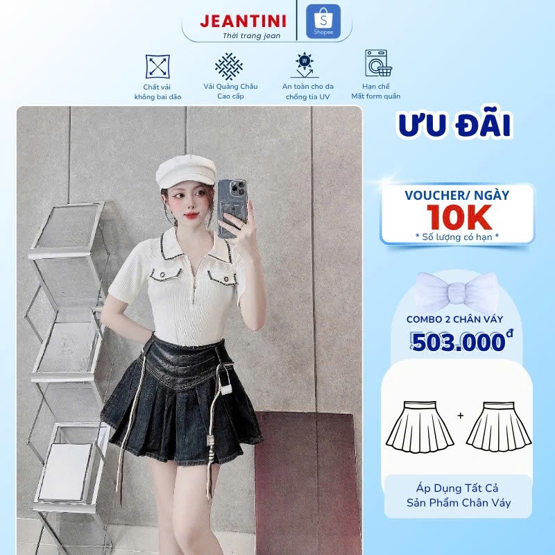 Chân váy xoè ngắn JEANTINI chân váy jean nữ cạp cao tôn dáng màu đen ánh rêu 6552