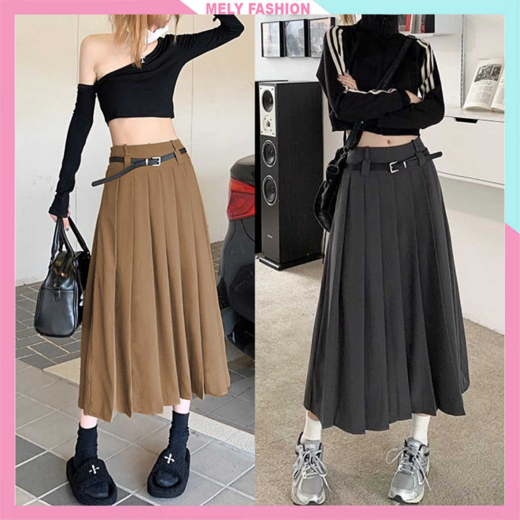 Chân váy xếp ly Ulzzang Mely Fashion midi dáng dài xòe 2 cạp tôn dáng che giấu bụng đùi dễ phối đồ b