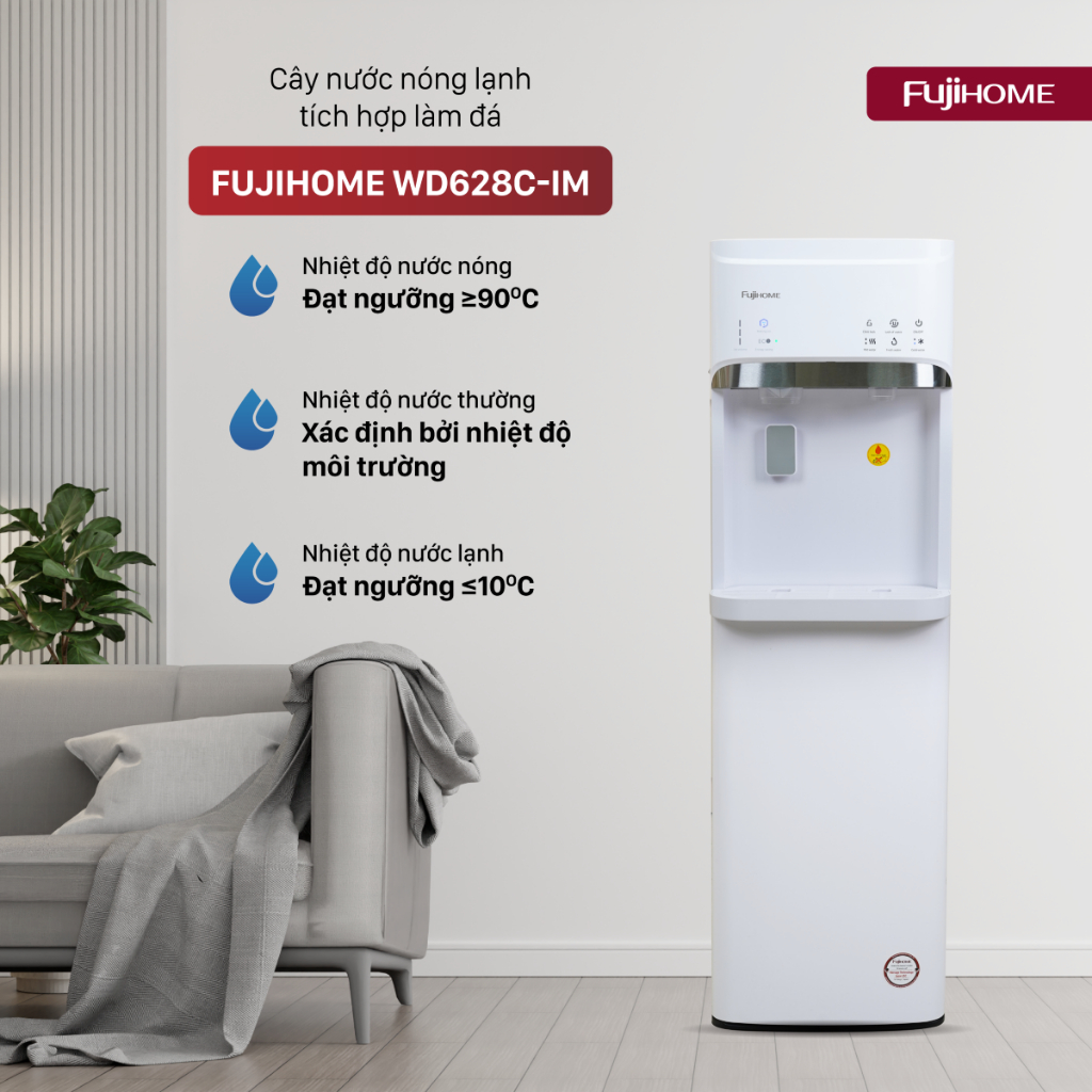 Máy Làm Đá Kèm Cây Nước Nóng Lạnh Nhập Khẩu FUJIHOME WD628C-IM, Cây Nước Tích Hợp 3 Chức Năng Tiện Dụng