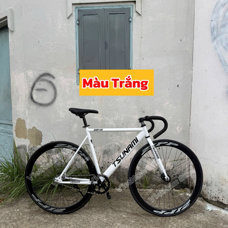 Xe đạp thể thao fixed gear & single speed tsunami trắng vành đen ( KÈM STRAP VÀ ĐỒ LẮP)