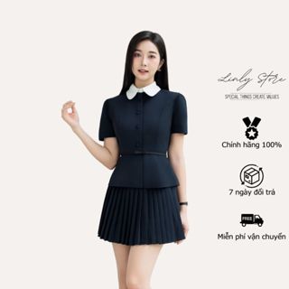 Set áo vest nữ cúc áo bọc phối cổ sen kèm đai lưng và chân váy xếp ly ngắn tiểu thư Linly Store