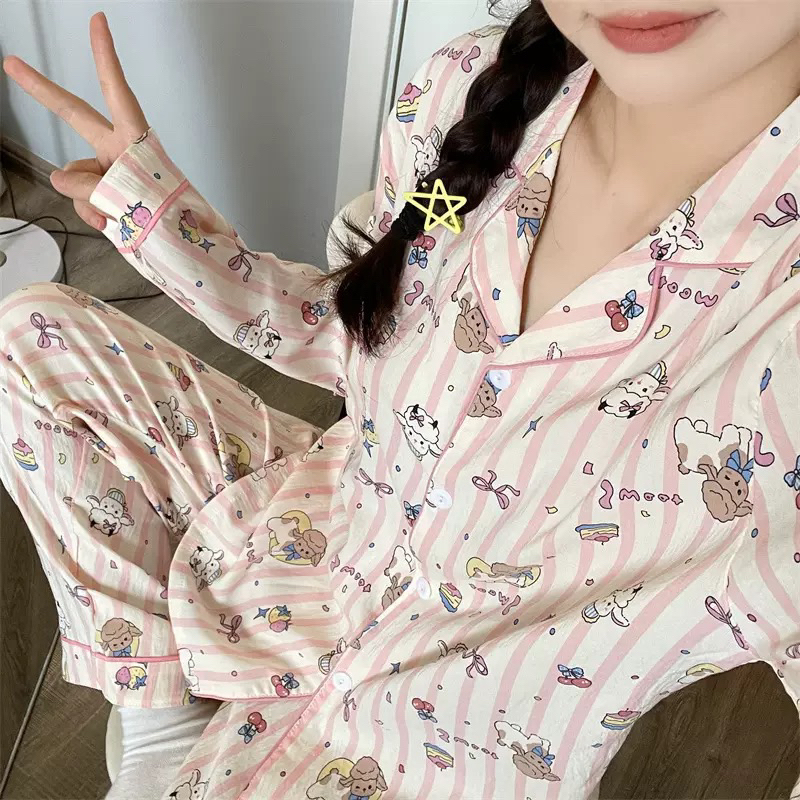 Bộ ngủ pyjama quần áo dài mặc nhà mềm mát hoạ tiết đáng yêu
