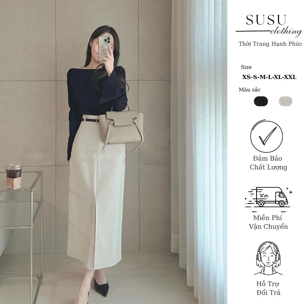 Chân váy Susu clothing suông công sở midi dáng dài 2 lớp có lót trong có túi kèm đai da cv1