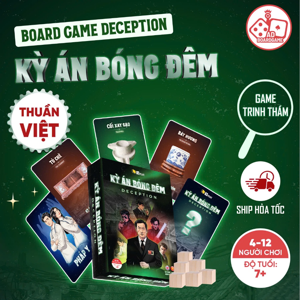 [CÓ HƯỚNG DẪN]BoardGame Deception Kỳ Án Bóng Đêm Bản Việt Hóa, Game Suy Luận Thú Vị, Hộp Nắp Gài Xịn