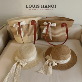 Combo Mũ + Túi Cói Vintage Size To Quai Da Đeo Vai, Nơ Ren Hot Trend, Đi Biển, Đi Du Lịch T16M18