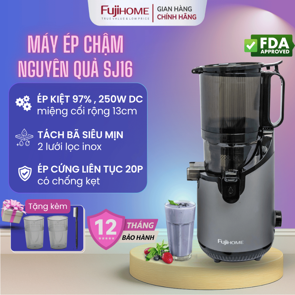 Máy ép chậm nguyên trái Nhập Khẩu FUJIHOME SJ16, Máy ép trái cây nguyên quả chính hãng dung tích lớn