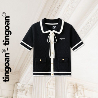 TINGOAN® - Áo len đen cổ bẻ phồi viền trắng EVIE TOP/BL