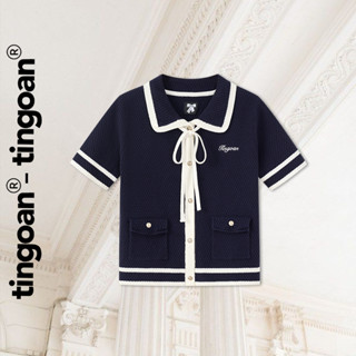 TINGOAN® - Áo len xanh than cổ bẻ phồi viền trắng EVIE TOP/DB
