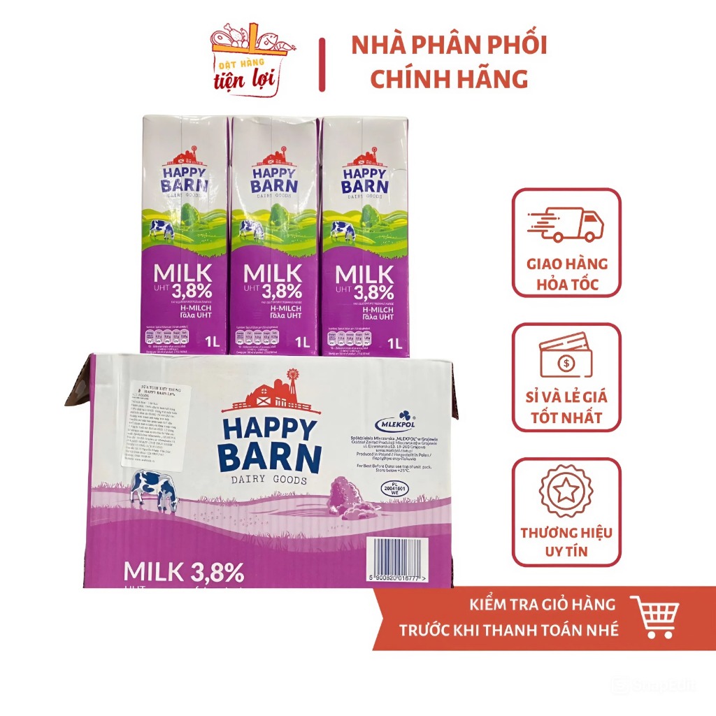 Thùng 12 hộp sữa tươi nguyên kem Happy Barn 1L Độ béo 3.8%