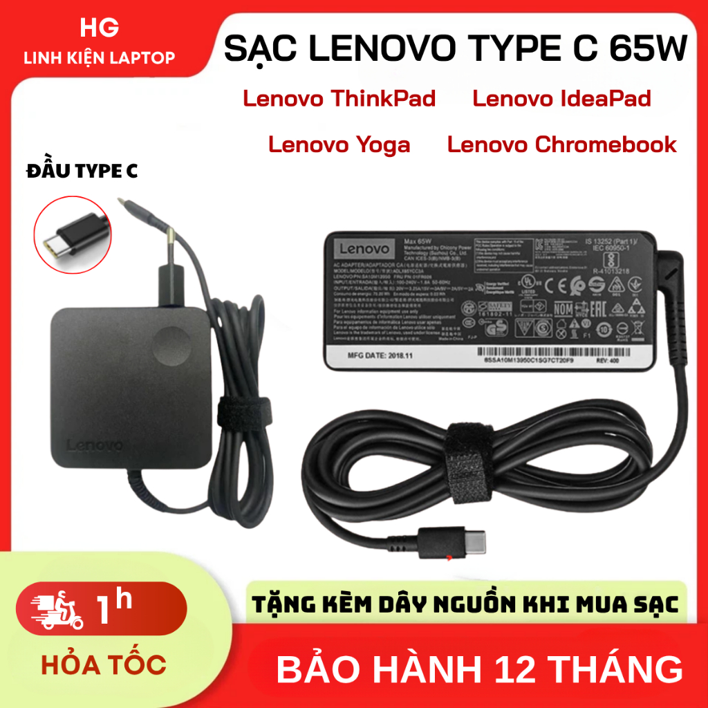 Sạc Laptop Lenovo USB-C/ TYPE C 65W 20V 3.25A Dành cho Lenovo ThinkPad, Lenovo IdeaPad, Lenovo Yoga,