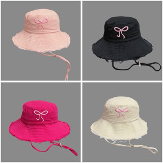Mũ bucket tua rua viền rách thêu Nơ Nón tai bèo có dây nữ rộng vành dây điều chỉnh cotton mềm cho nữ