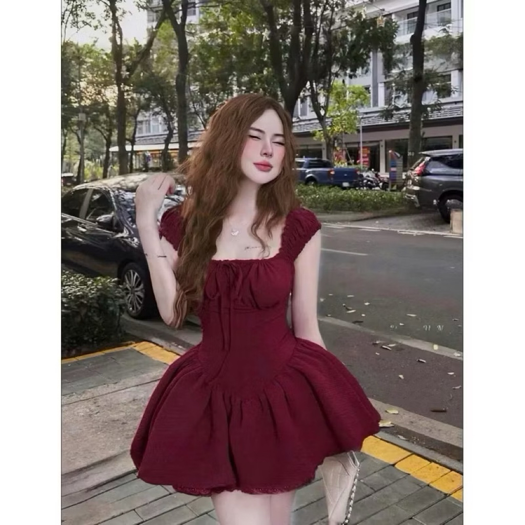 Đầm Cổ Vuông Cột Nơ Xếp Li Ngực Bo Eo Dáng Ngắn Phối Chân Ren Kèm Quần_KieuPham.Shop | BigBuy360 - bigbuy360.vn