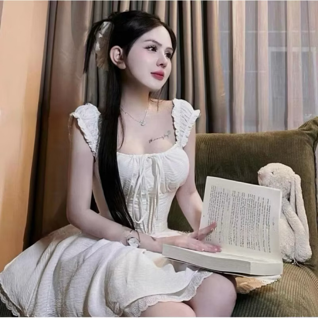 Đầm Cổ Vuông Cột Nơ Xếp Li Ngực Bo Eo Dáng Ngắn Phối Chân Ren Kèm Quần_KieuPham.Shop | BigBuy360 - bigbuy360.vn
