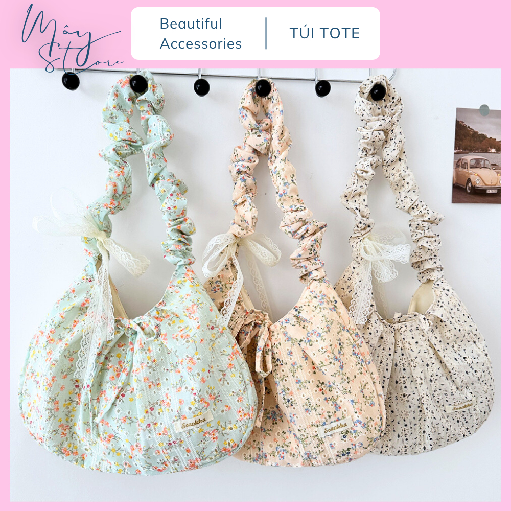 Túi xách đeo vai dây rút nơ ren, túi vải hoa nhí xếp ly ngăn rộng - MV06 bag women