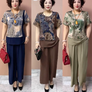 Đồ bộ trung niên TATISSHOP mặc nhà cho mẹ, đồ bộ lụa pháp quần dài ống suông rộng HT09