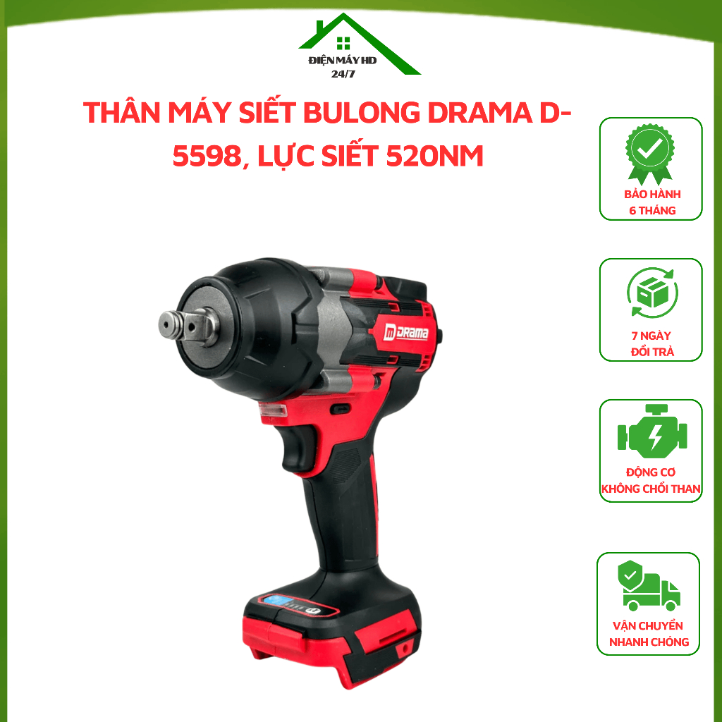 Thân máy siết bulong DRAMA D-5598, Lực siết 520Nm, Động cơ Không chổi than