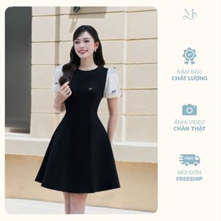 Váy Nữ Dáng Xòe Trên Gối YAME Màu Đen Phối Kem Trang Trí Họa Tiết Nơ Tay Bồng Tiểu Thư Cổ Tròn YV669