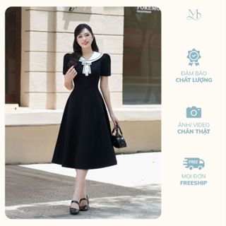 Váy Nữ Dáng Dài YAME Xòe Nhẹ Màu Đen Phối Cổ Trắng Thủy Thủ Tôn Eo Đính Cúc Đá Tay Ngắn YV683