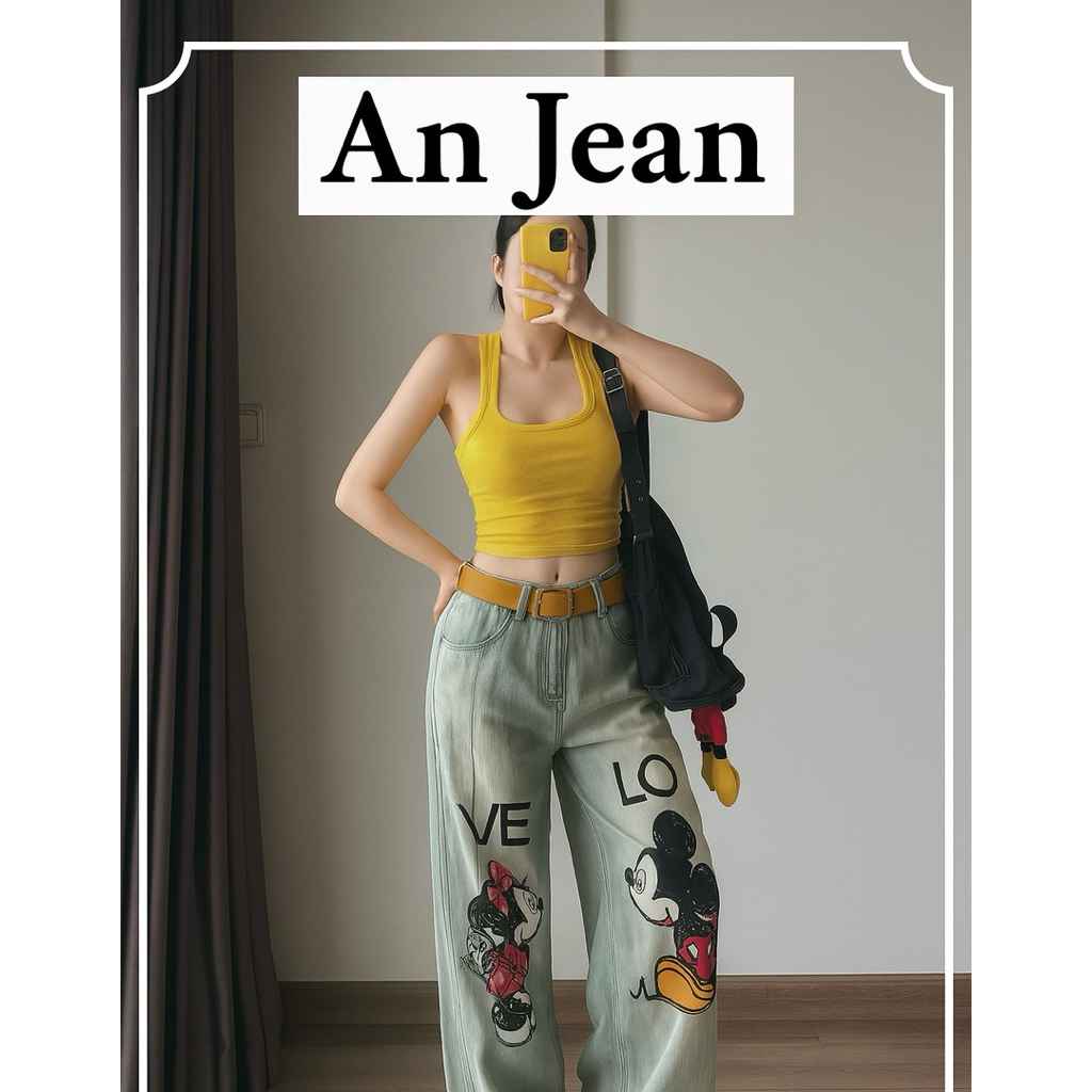 [An Jean]Quần Jean Thêu Chuột Mickey Ống Rộng Unisex Form Suông – Mã LK-6258