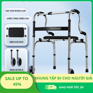 Khung tập đi cho người già TC008 gấp gọn, Khung hỗ trợ đi lại có ghế ngồi đã có bánh xe hỗ trợ đi vệ sinh cao cấp