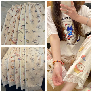 Quần Dài Đũi Hàn Hoạt Hình Phối Ren Dễ Thương [FREESHIP]🌸 Quần Dài Ống Rộng Form Suông Phong Cách Hàn Quốc🌸