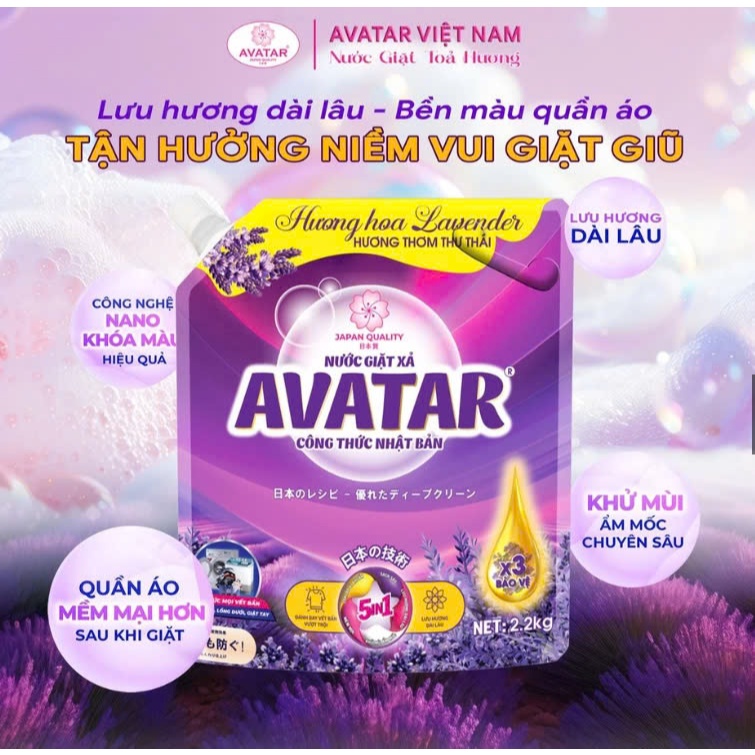 Túi 2 KG nước giặt xả AVATAR Hương Lavender + hương hoa anh đào