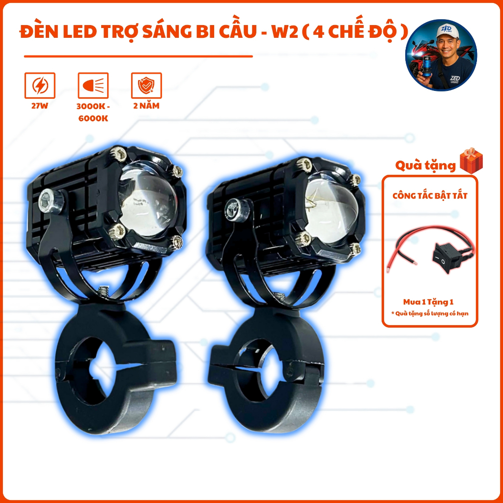 Đèn Trợ Sáng Mini W2 ZEDLIGHT, 4 Chế Độ Sáng, 55W,  12 - 24V DC Điện Bình Lắp Trợ Sáng Cho Oto Xe Má