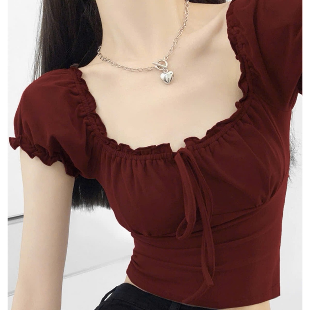 Áo thun nữ bèo rúm ,áo kiểu croptop trễ vai nơ cổ mặc được hai kiểu chất thun tăm co giãn kiểu dáng tiểu thư tôn dáng | BigBuy360 - bigbuy360.vn