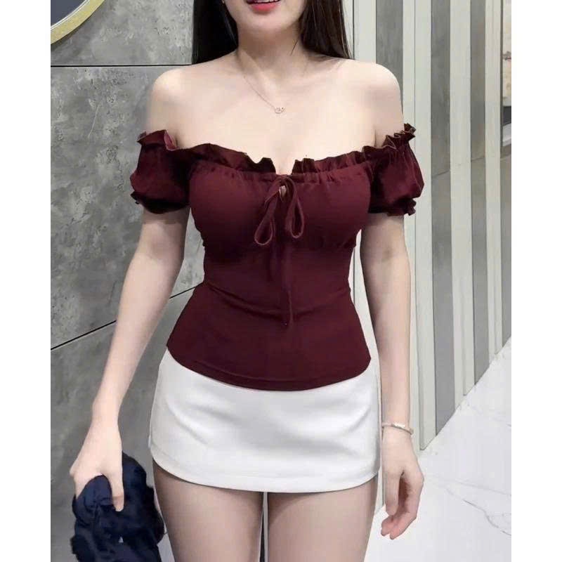Áo thun nữ bèo rúm ,áo kiểu croptop trễ vai nơ cổ mặc được hai kiểu chất thun tăm co giãn kiểu dáng tiểu thư tôn dáng | BigBuy360 - bigbuy360.vn