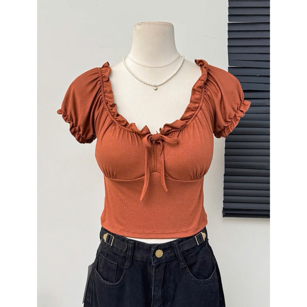 Áo thun nữ bèo rúm ,áo kiểu croptop trễ vai nơ cổ mặc được hai kiểu chất thun tăm co giãn kiểu dáng tiểu thư tôn dáng | BigBuy360 - bigbuy360.vn