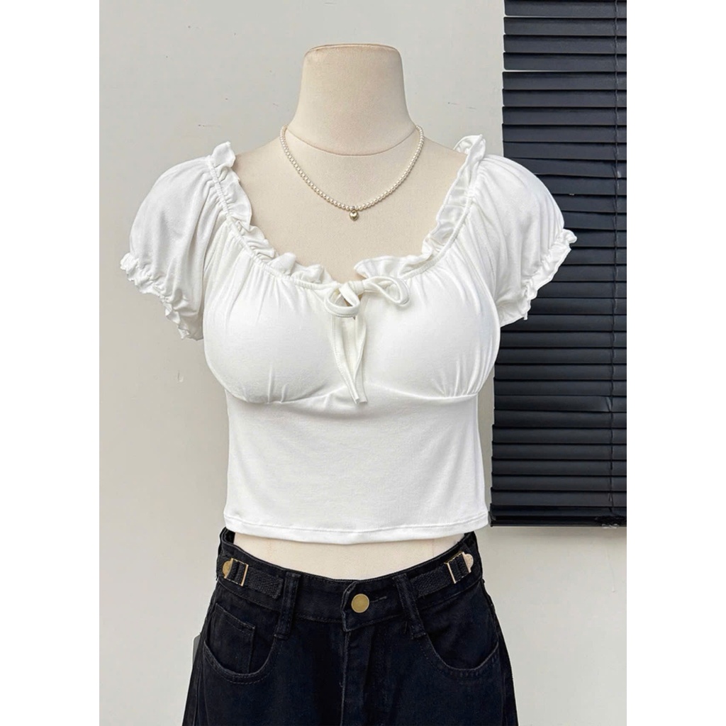 Áo thun nữ bèo rúm ,áo kiểu croptop trễ vai nơ cổ mặc được hai kiểu chất thun tăm co giãn kiểu dáng tiểu thư tôn dáng | BigBuy360 - bigbuy360.vn