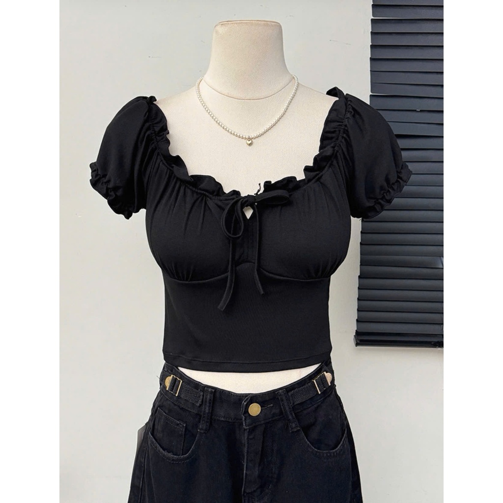 Áo thun nữ bèo rúm ,áo kiểu croptop trễ vai nơ cổ mặc được hai kiểu chất thun tăm co giãn kiểu dáng tiểu thư tôn dáng | BigBuy360 - bigbuy360.vn