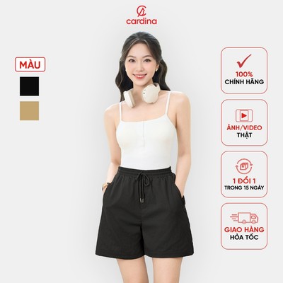 Quần short nữ CARDINA dáng chữ A chất thô linen cạp chun co dãn có túi tiện lợi 5QSA09