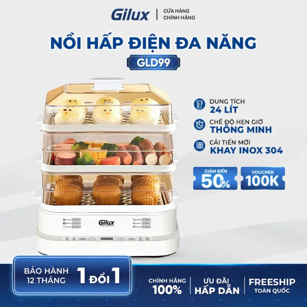 Nồi Hấp Điện Gilux GLD99 Dung Tích 24L Nồi Hấp 3 Tầng Hấp Tiện Lợi Thông Minh - Bảo Hành 12 Tháng