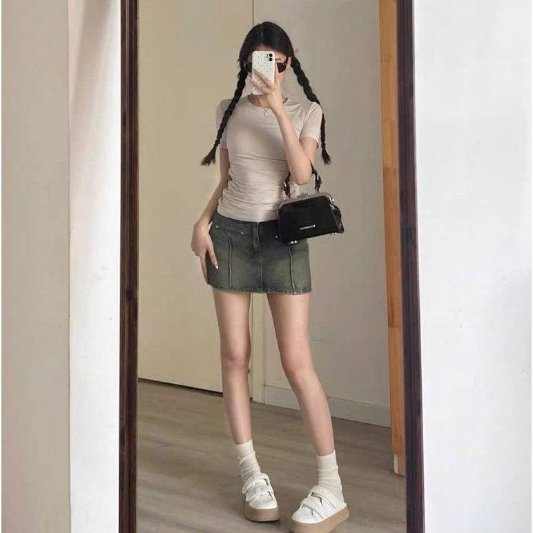 Quần short jeans giả váy dáng chữ A cạp cao tôn dáng màu xanh pha rêu retro thời trang ED07 | BigBuy360 - bigbuy360.vn