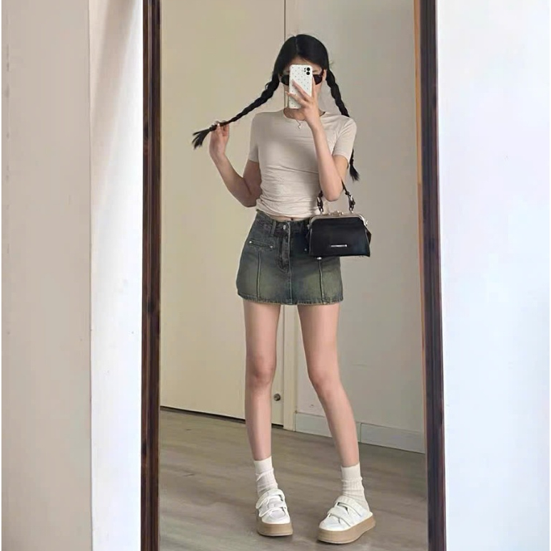 Quần short jeans giả váy dáng chữ A cạp cao tôn dáng màu xanh pha rêu retro thời trang ED07 | BigBuy360 - bigbuy360.vn