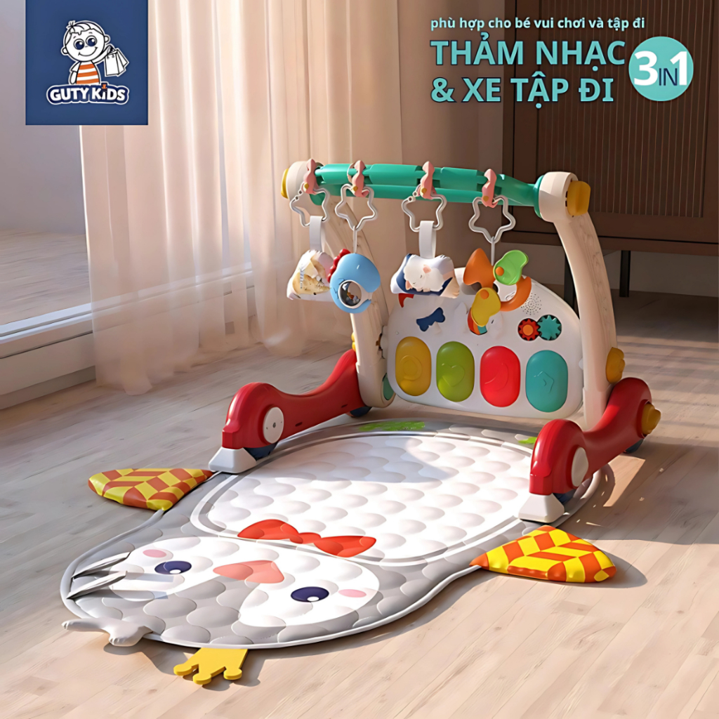 Thảm Nhạc Cao Cấp 3in1 GutyKids Cho Bé Sơ Sinh Kèm Đàn Piano Có Bánh Xe Tập Đi Chất Liệu Cao Cấp, Đồ Chơi Cho Bé 0-3T