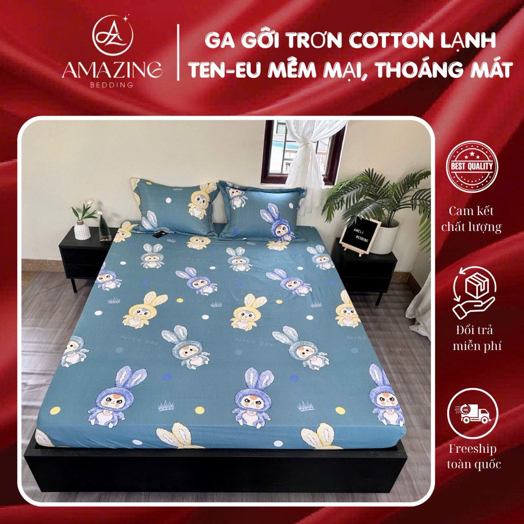 Bộ ga gối chun trơn Cotton lạnh 100% Ten-Eu cao cấp gồm 1 ga và 2 vỏ gối đầu; mềm, mịn, mát, an toàn