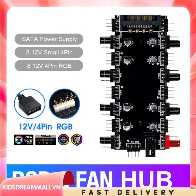 Hub chia Fan RGB ARGB và PWM Sata - Fan Hub 8 cổng RGB / ARGB và 8 Cổng PWM