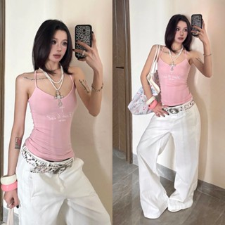 (SẴN) Áo hai dây cổ yếm đan chéo sau lưng màu trắng hồng pastel hoạ tiết chữ dáng ôm AHD004 - Tiktik