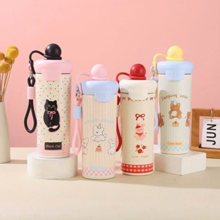 Cốc giữ nhiệt 600ml có ống hút in họa tiết hoạt hình phong cách ngọt ngào, dễ thương